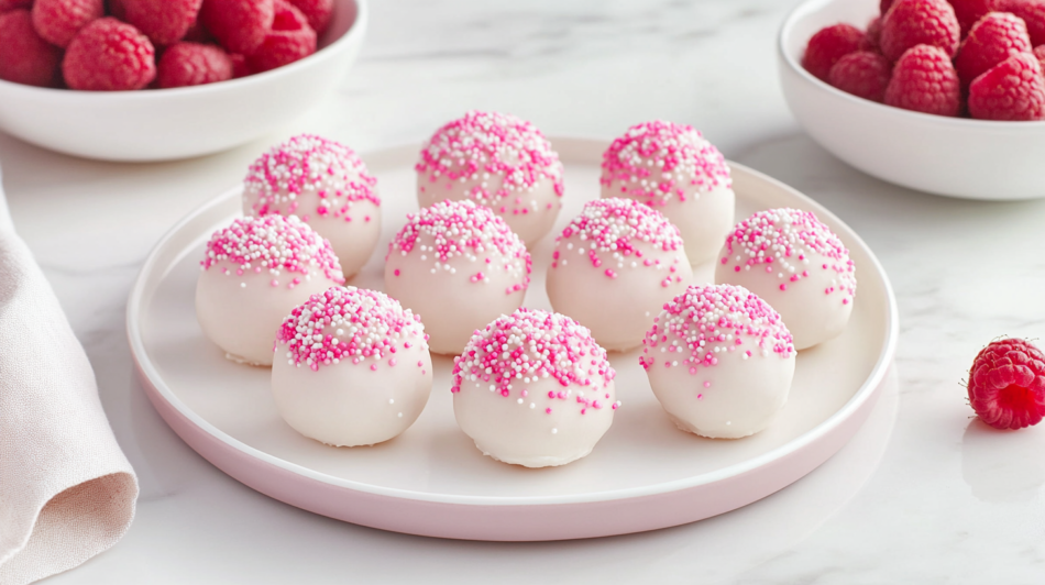White chocolate raspberry cheesecake balls